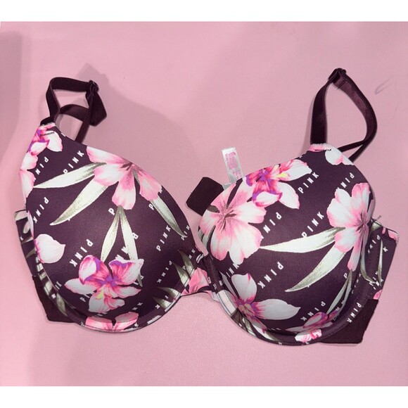 Victoria's Secret Other - Victoria's Secret PINK Bra Women's 34DD Plum Purple Floral T-shirt Lightly Lined